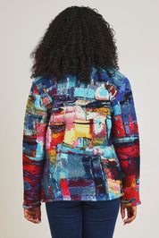 Model Ziara wearing size 10 of the Night Boats Cotton Reversible Zip Jacket in colour Nightboats, from the back