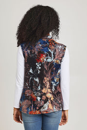 Model Ziara wearing size 10 of the Abstract Reversible Zip Vest in colour Abstract, from the back