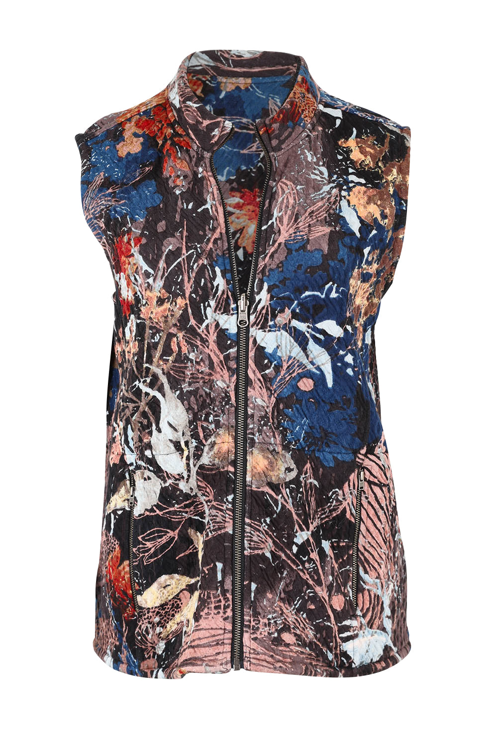 Product shot of the Abstract Reversible Zip Vest in colour Abstract, from the front