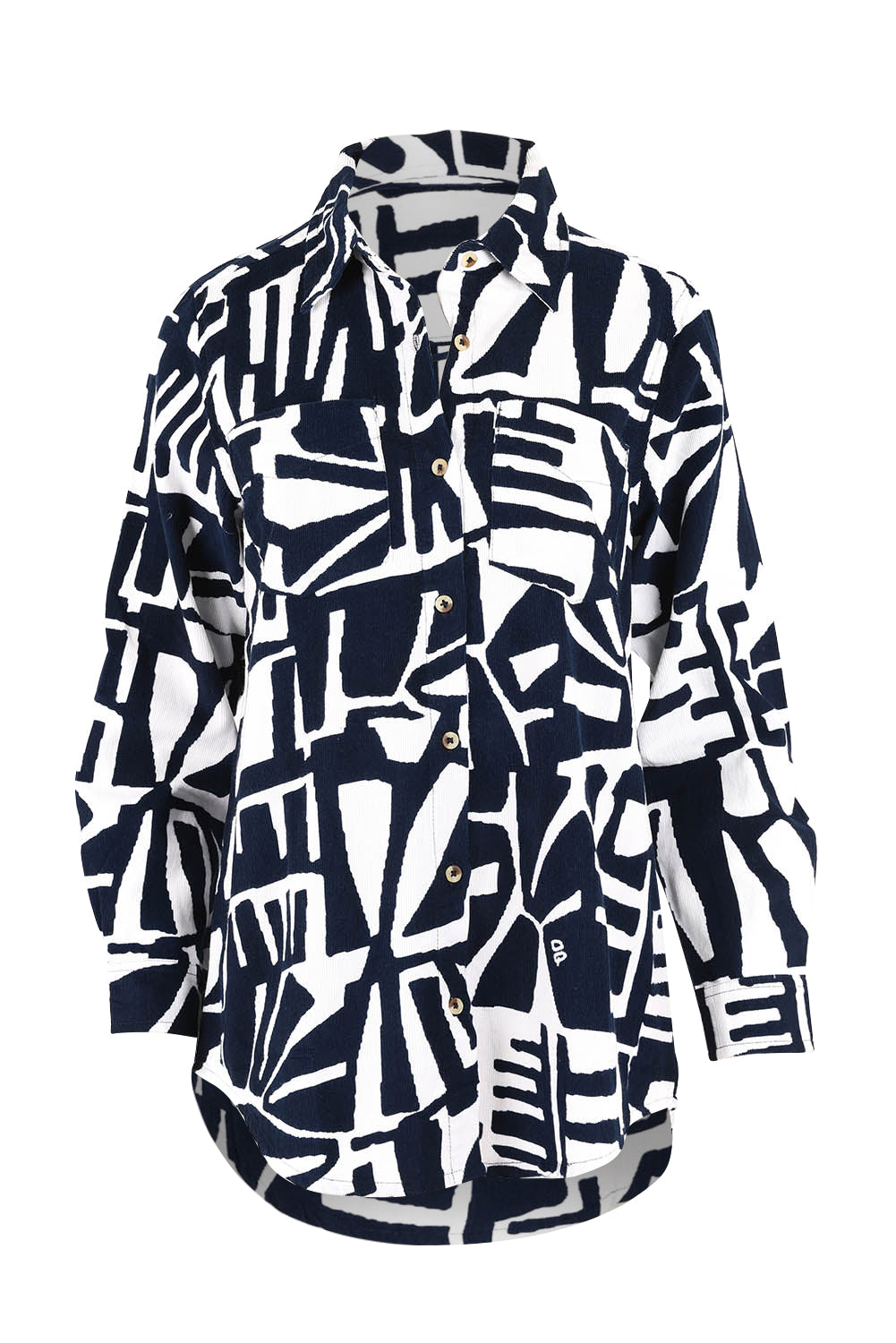 Product shot of the Corduroy Long Shirt in colour Navy (Blue), from the front
