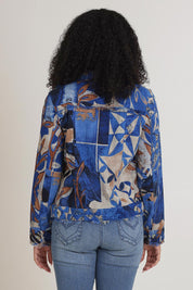 Model Ziara wearing size 10 of the Wyndham Cotton Jacket in colour Wyndham (Blue), from the back