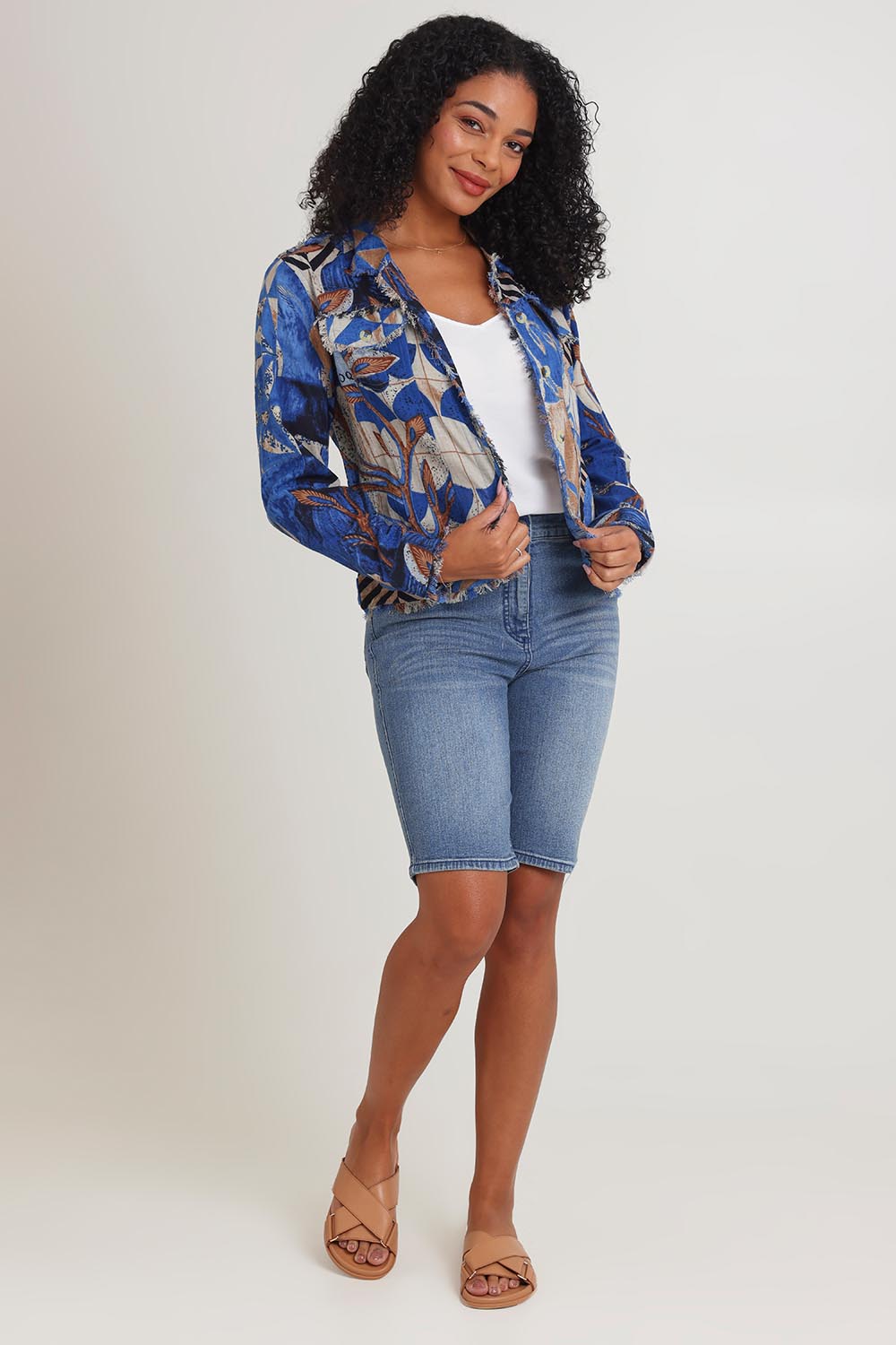 Model Ziara wearing size 10 of the Wyndham Cotton Jacket in colour Wyndham (Blue), from the front, showing the whole outfit