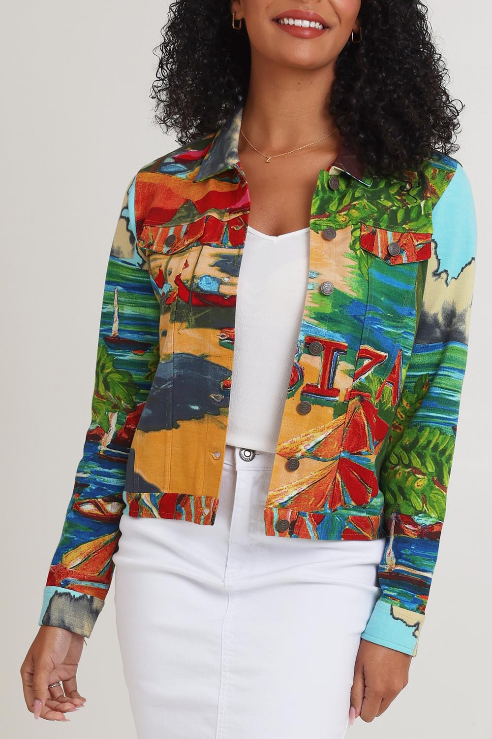Model Ziara wearing size 10 of the Printed Cotton Ponte Jacket in colour Ibiza, from the front, cropped image