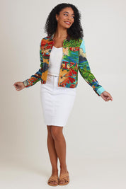 Model Ziara wearing size 10 of the Printed Cotton Ponte Jacket in colour Ibiza, from the front, showing the whole outfit