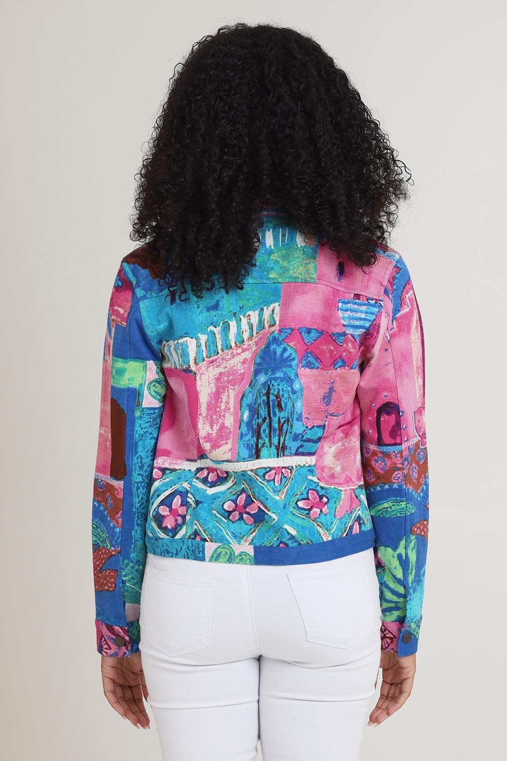 Model Ziara wearing size 10 of the Printed Cotton Ponte Jacket in colour Marrakesh, from the back
