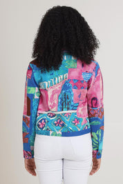 Model Ziara wearing size 10 of the Printed Cotton Ponte Jacket in colour Marrakesh, from the back