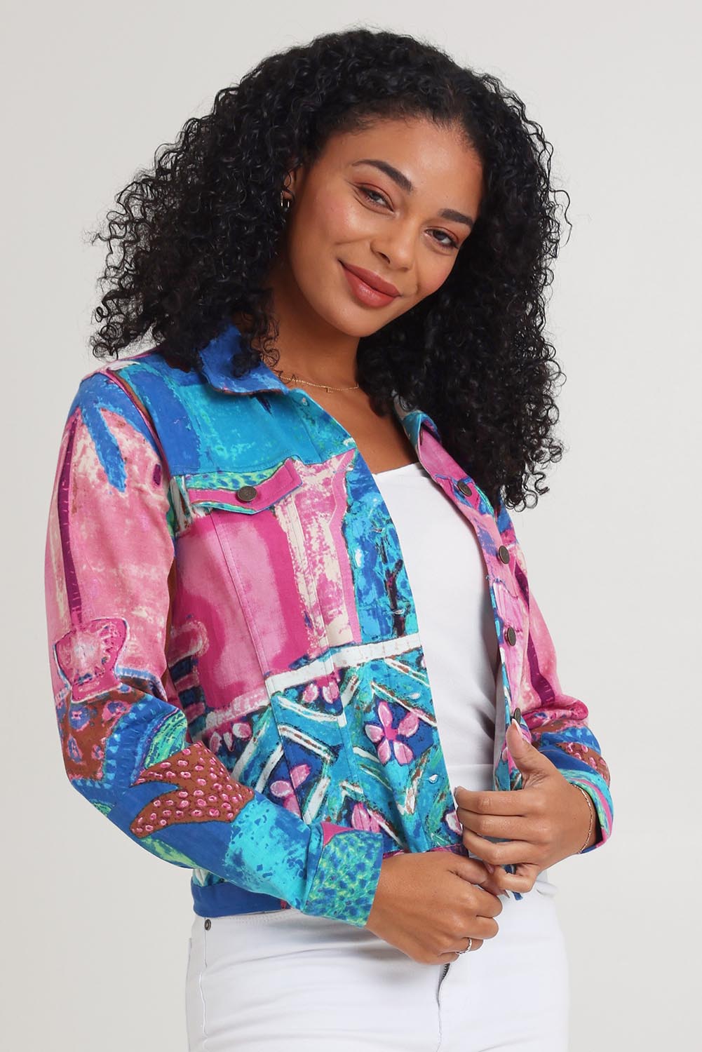 Model Ziara wearing size 10 of the Printed Cotton Ponte Jacket in colour Marrakesh, from the front, cropped image