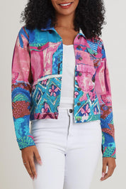 Model Ziara wearing size 10 of the Printed Cotton Ponte Jacket in colour Marrakesh, from the front, cropped image