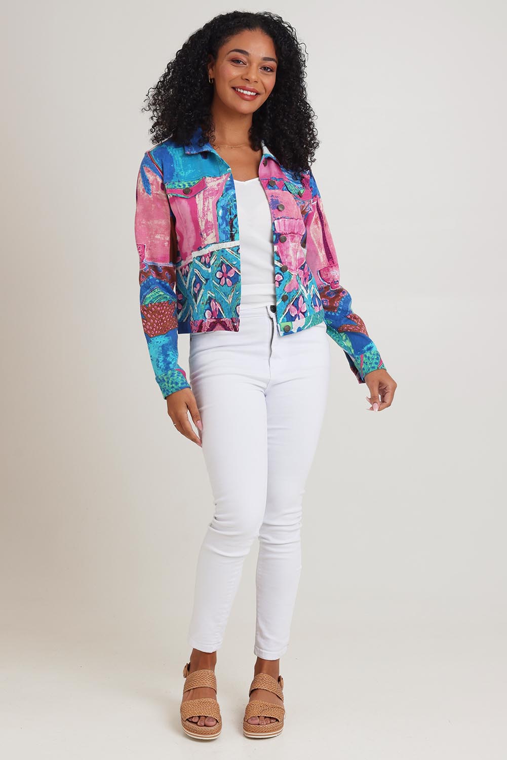 Model Ziara wearing size 10 of the Printed Cotton Ponte Jacket in colour Marrakesh, from the front, showing the whole outfit