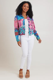 Model Ziara wearing size 10 of the Printed Cotton Ponte Jacket in colour Marrakesh, from the front, showing the whole outfit