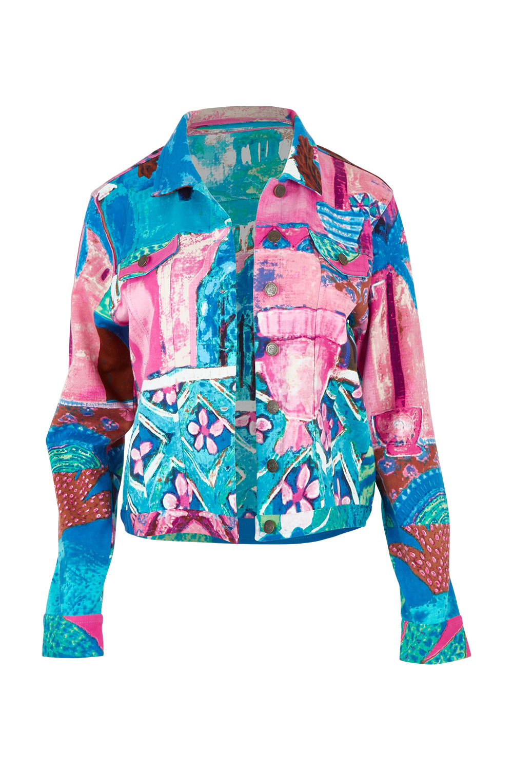 Product shot of the Printed Cotton Ponte Jacket in colour Marrakesh, from the front