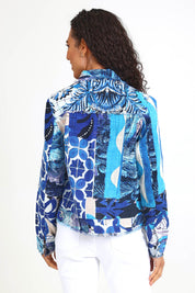 Model Pamelar wearing size 10 of the Fringe Jacket – Print in colour Print, from the back