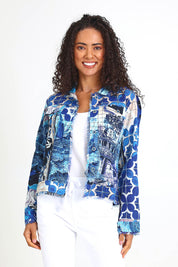 Model Pamelar wearing size 10 of the Fringe Jacket – Print in colour Print, in a cropped view