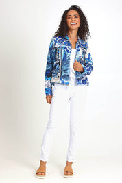Model Pamelar wearing size 10 of the Cotton Fringe Jacket – Print in colour Print, from the front