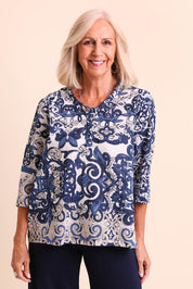 Model Sandys wearing size 10 of the Frill Neckline Cotton Top – Print in colour Print, in a cropped view