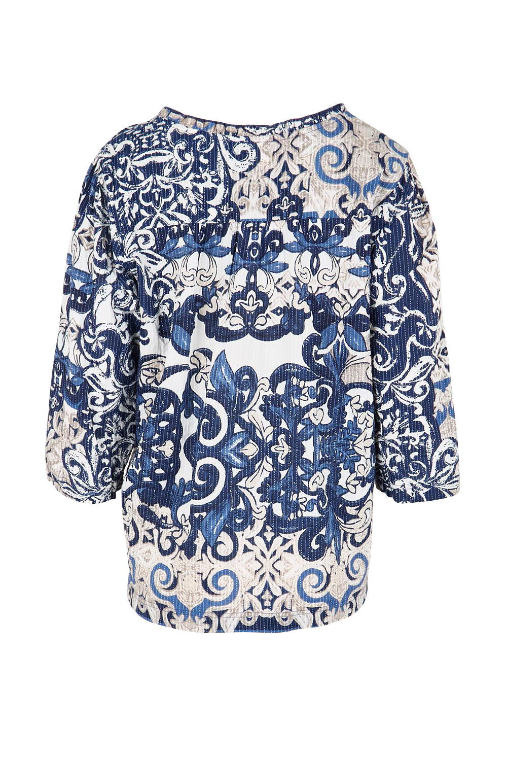 Product shot of the Frill Neckline Top – Print in colour Print, from the back