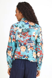 Model Pamelar wearing size 10 of the Fringe Jacket – Print in colour Print, from the back