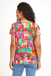 Model Pamelar wearing size 10 of the Crew Contemporary T-Shirt – Moorish in colour Moorish, from the back