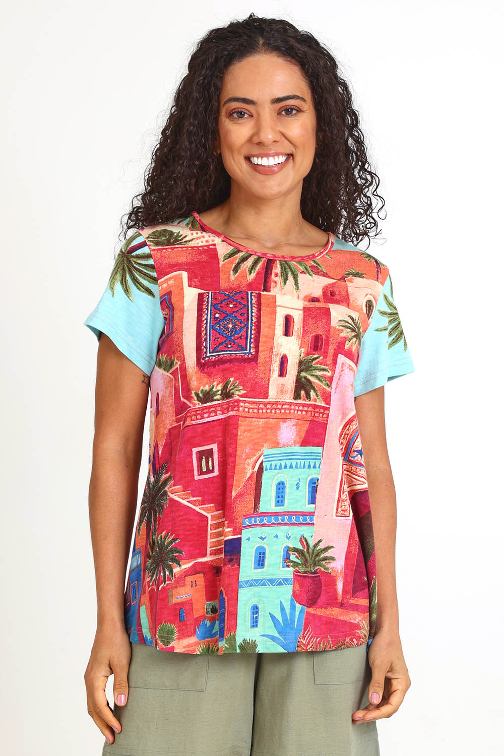 Model Pamelar wearing size 10 of the Crew Contemporary T-Shirt – Rabat in colour Rabat, in a cropped view