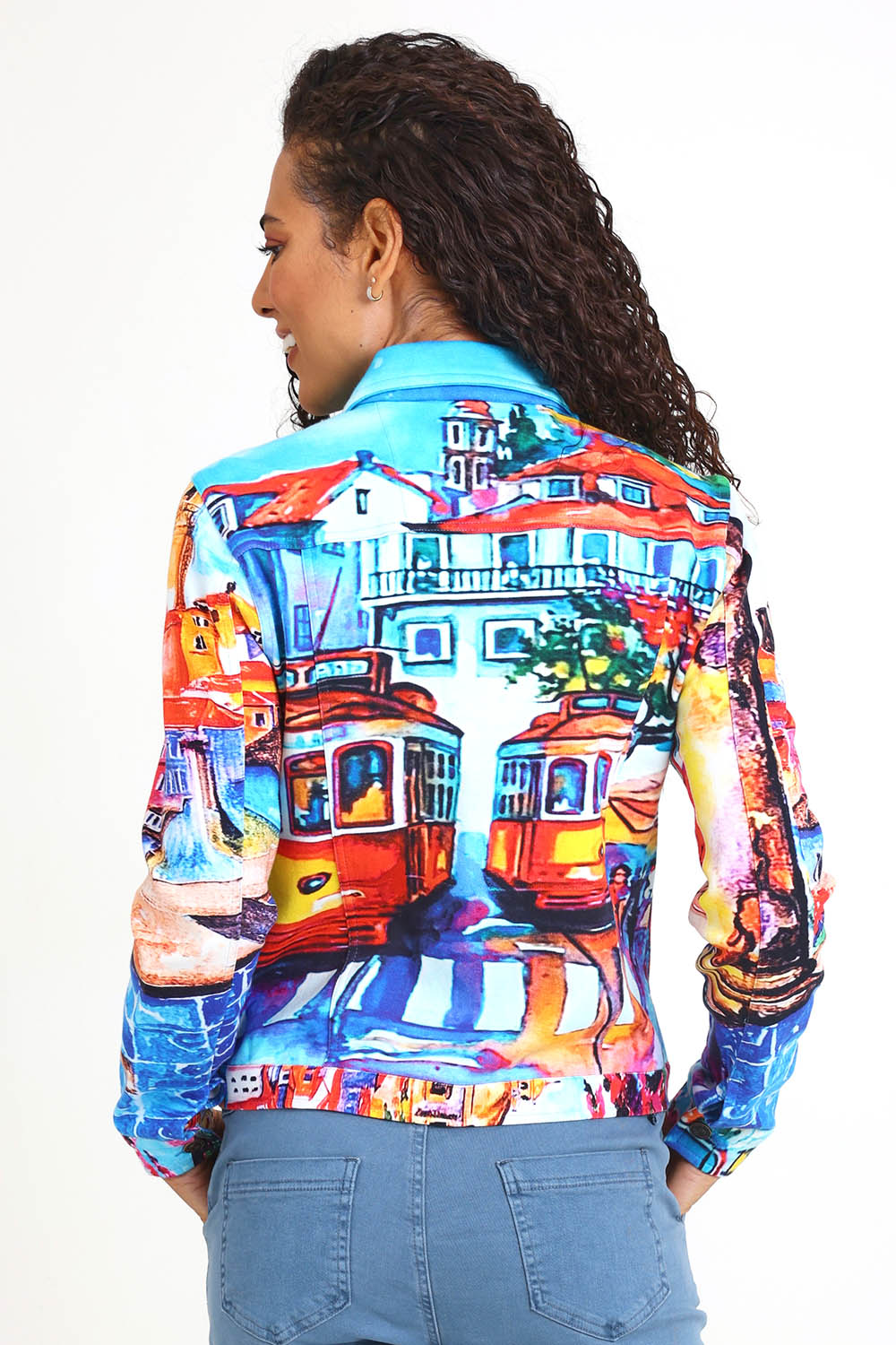 Model Pamelar wearing size 10 of the Ponte Jacket – Lisbon in colour Lisbon, from an angle
