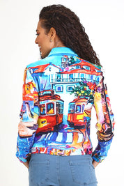 Model Pamelar wearing size 10 of the Ponte Jacket – Lisbon in colour Lisbon, from an angle
