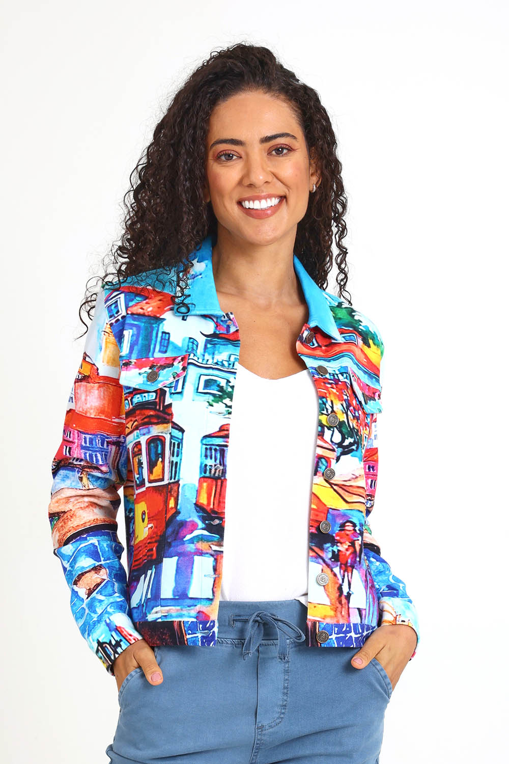 Model Pamelar wearing size 10 of the Ponte Jacket – Lisbon in colour Lisbon, in a cropped view