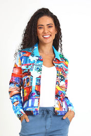 Model Pamelar wearing size 10 of the Ponte Jacket – Lisbon in colour Lisbon, in a cropped view