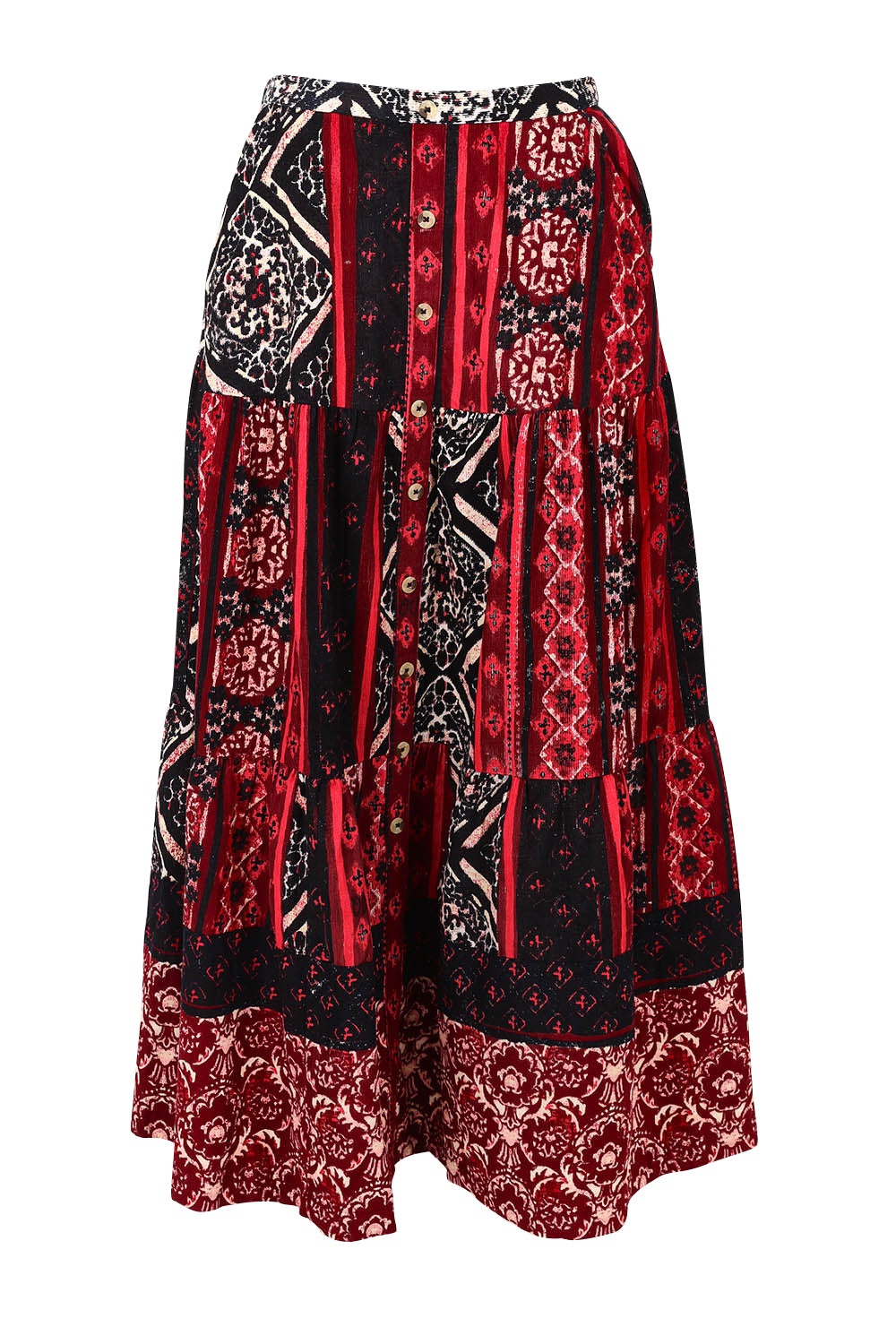 Product shot of the Jolene Cord Skirt in colour Jolene (Red), from the front