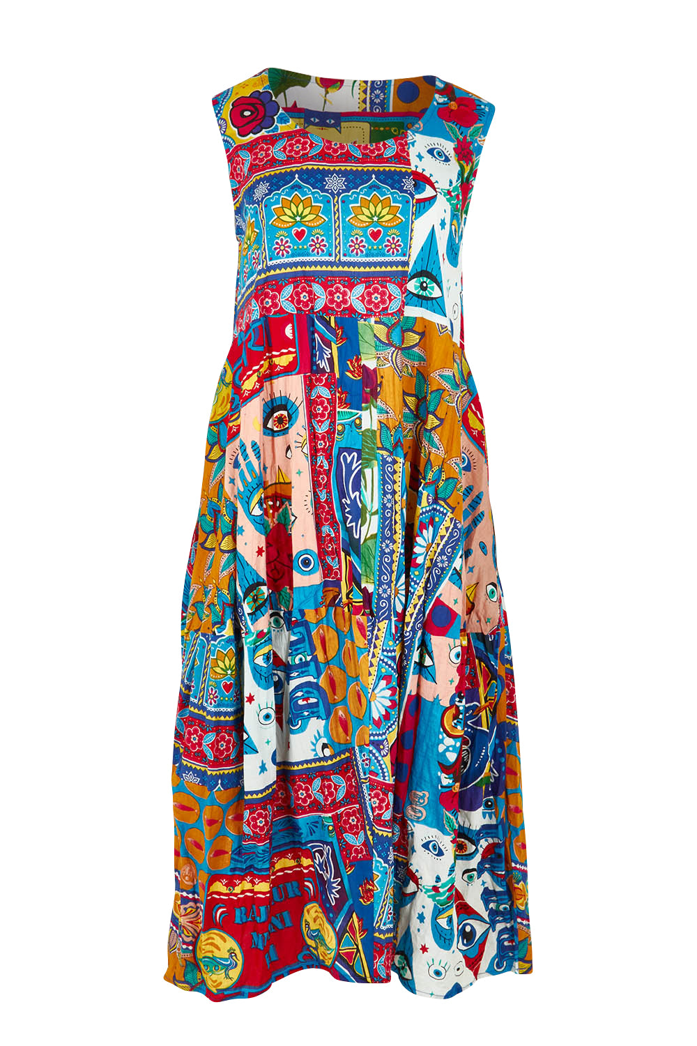 Product shot of the Amritsar Organic Cotton Bubble Sleeveless Dress in colour Print (Blue), from the front