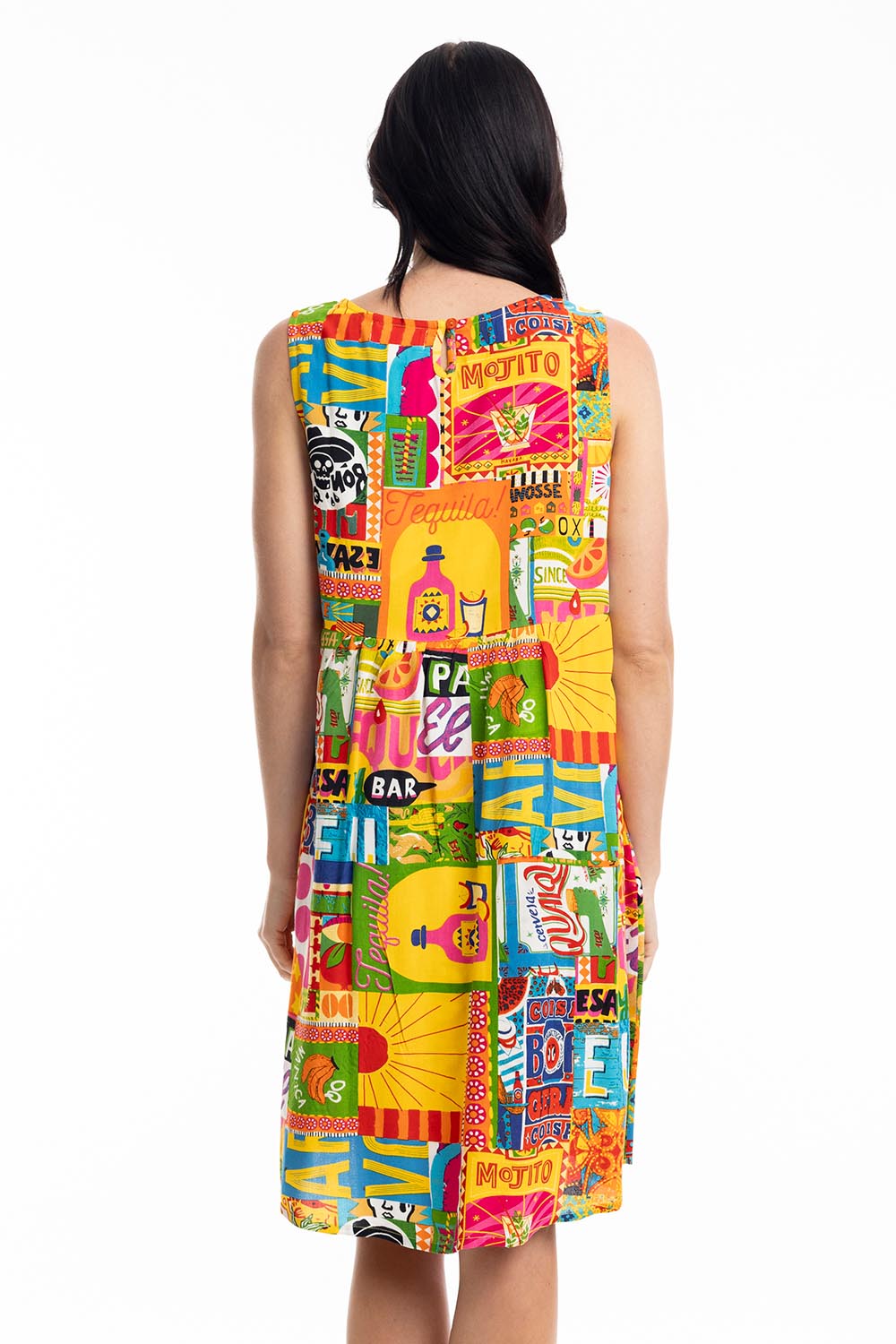 A model wearing the Ocampo Shift Sleeveless Dress in colour Print, from the back