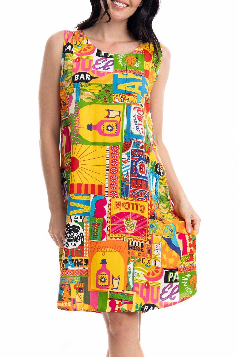 A model wearing the Ocampo Shift Sleeveless Dress in colour Print, from the front, cropped image
