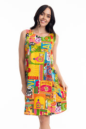 A model wearing the Ocampo Shift Sleeveless Dress in colour Print, from the front, cropped image