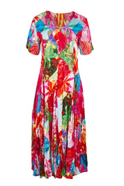 Product shot of the Jozani Godet Short Sleeve Dress in colour Print (Pink), from the front