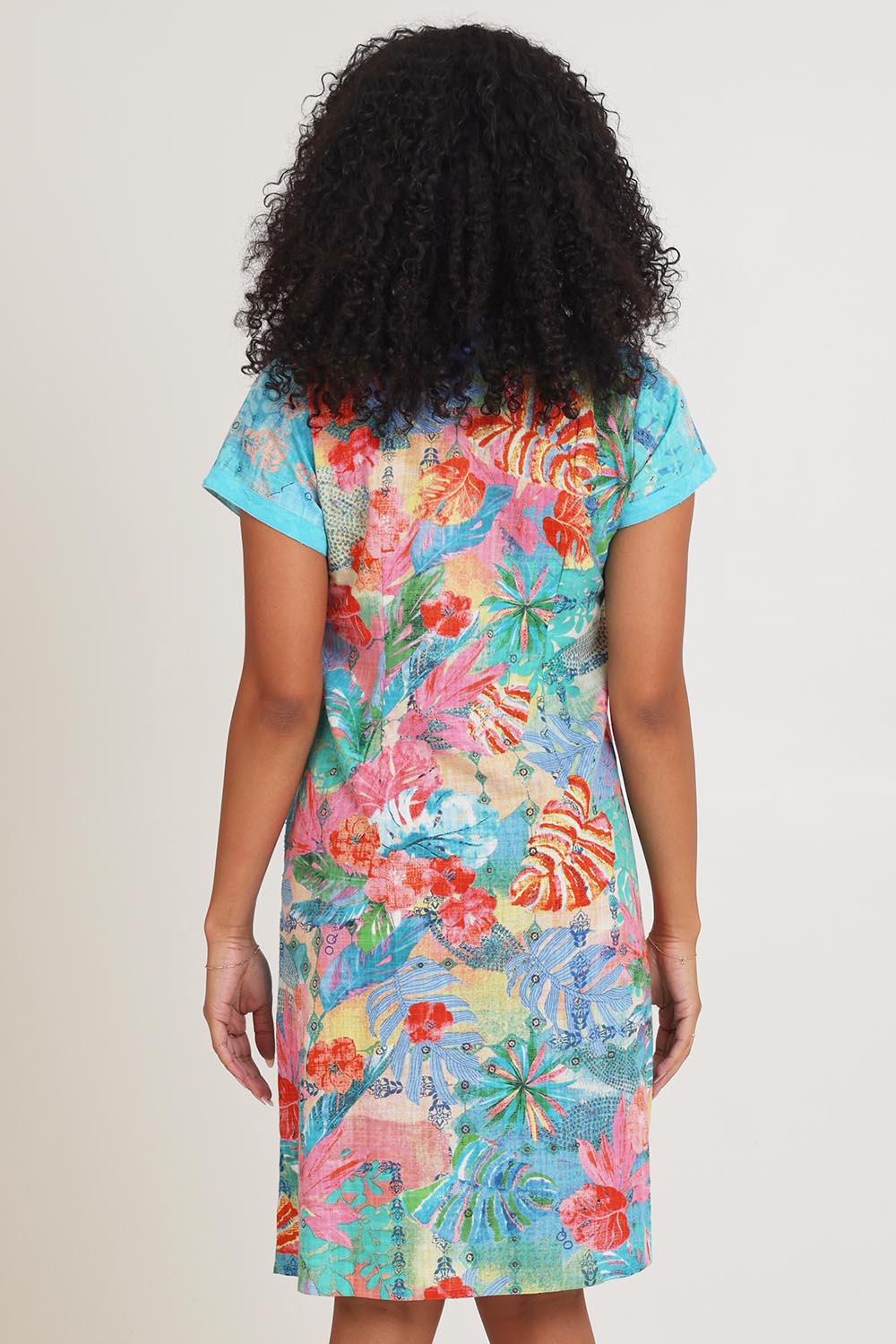 Model Ziara wearing size 10 of the Cotton Patch Dress in colour Malvinas, from the back