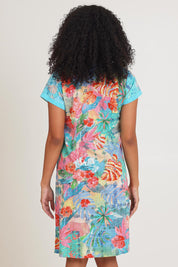 Model Ziara wearing size 10 of the Cotton Patch Dress in colour Malvinas, from the back