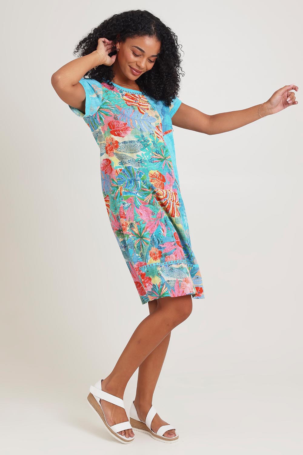 Model Ziara wearing size 10 of the Cotton Patch Dress in colour Malvinas, from the front, showing the whole outfit