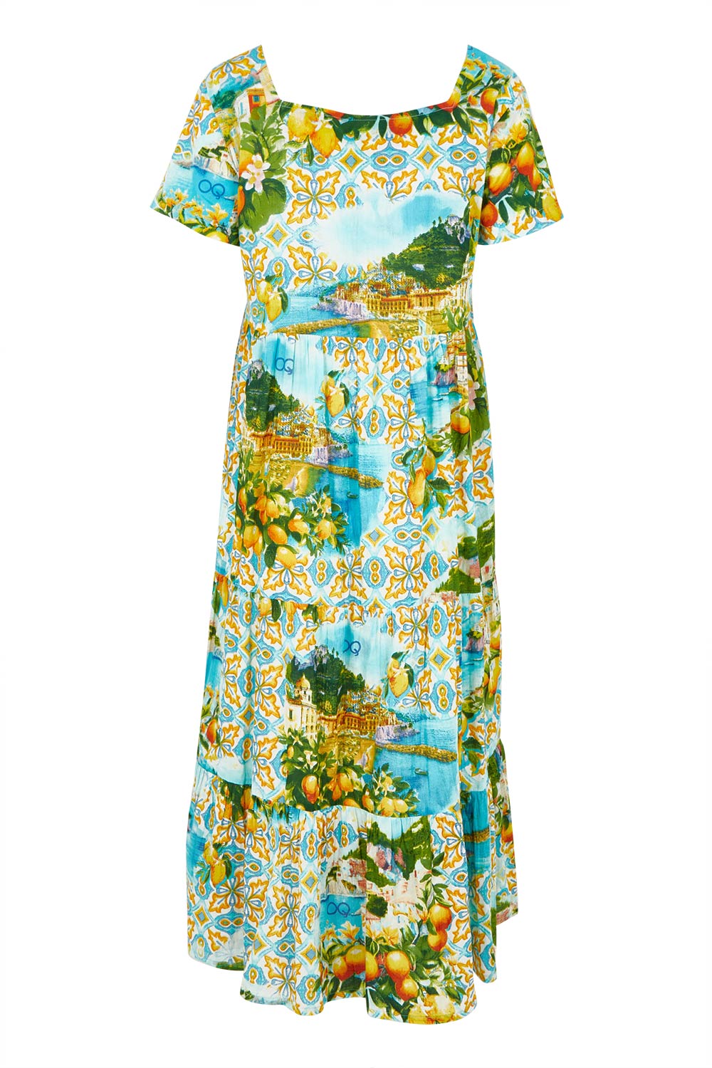 Product shot of the Square Neckline Cotton Layers Dress in colour Amalfi, from the back