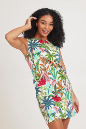 Model Ziara wearing size 10 of the Sleeveless Cotton Shift Dress in colour Ovahe, from the front, cropped image
