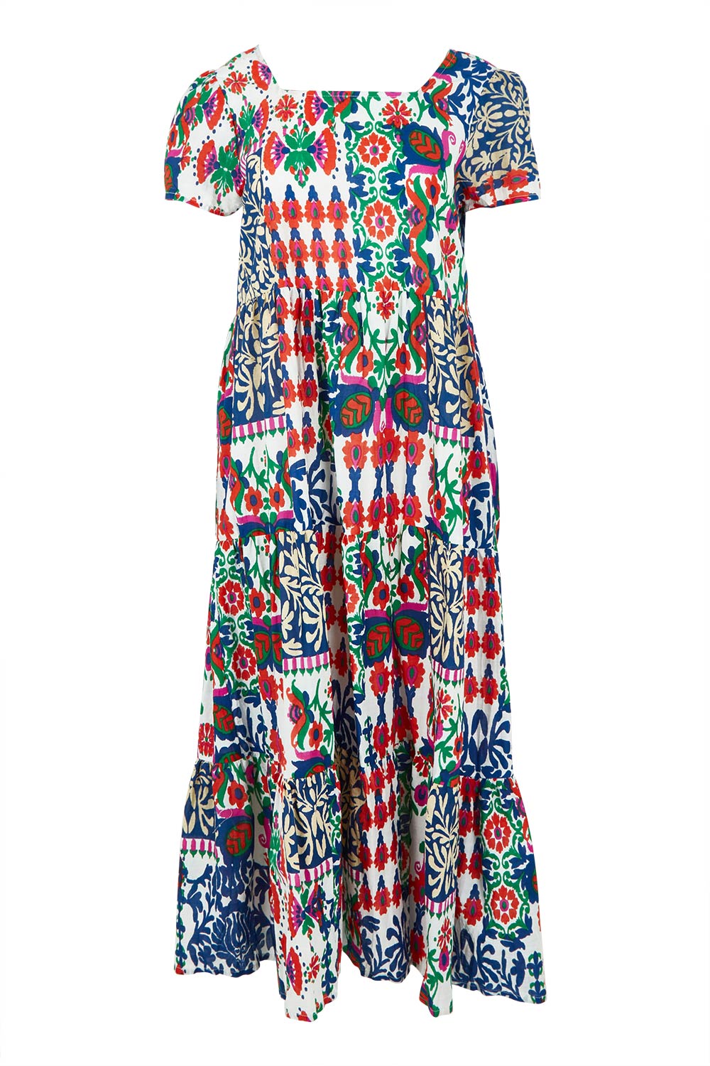 Product shot of the Square Neckline Layers Cotton Dress in colour Buzios, from the front