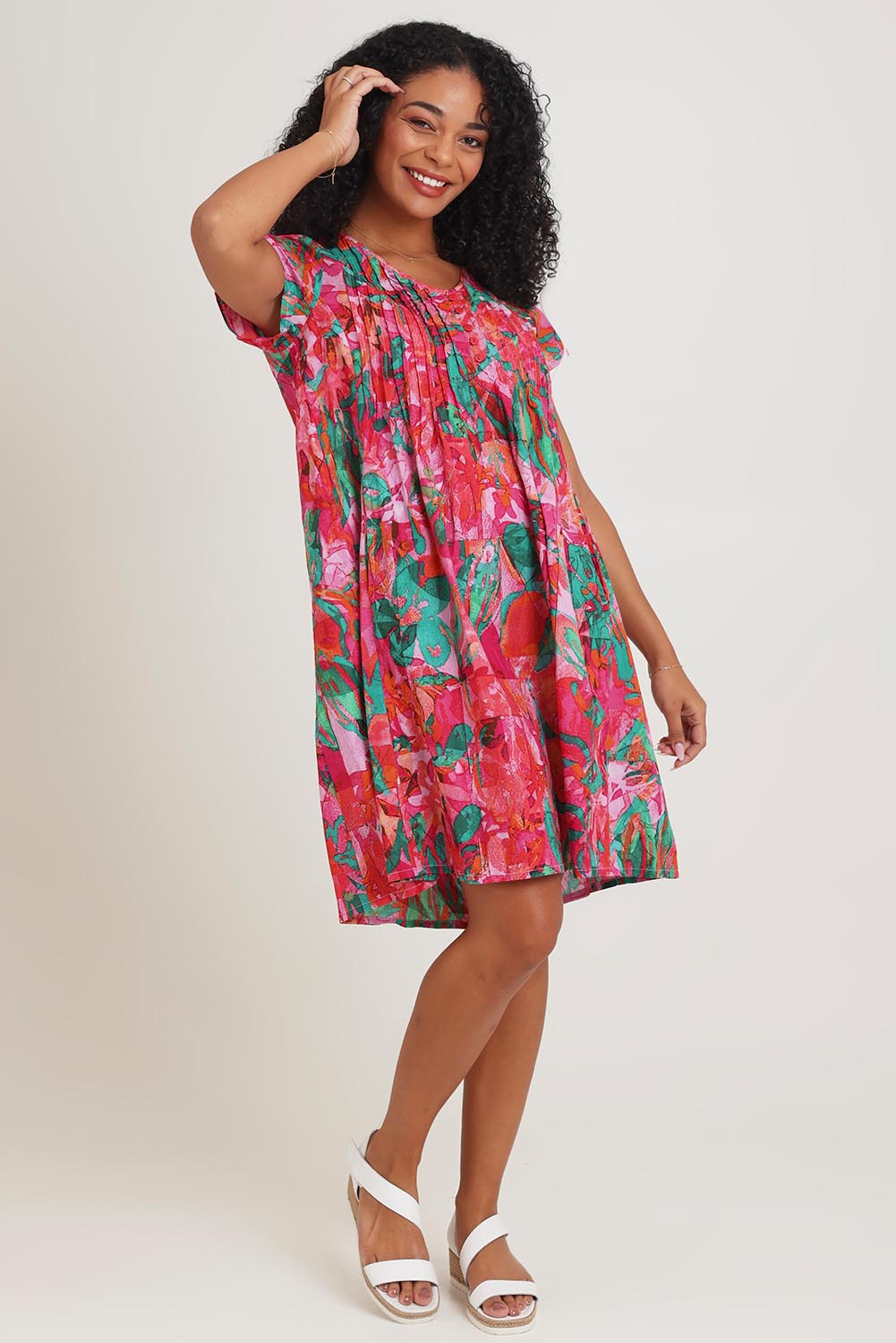 Model Ziara wearing size 10 of the Ezy Fit Cotton Dress in colour Saopaulo, from the front, showing the whole outfit
