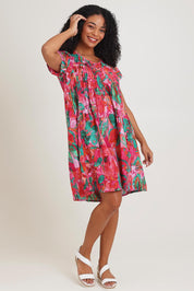 Model Ziara wearing size 10 of the Ezy Fit Cotton Dress in colour Saopaulo, from the front, showing the whole outfit