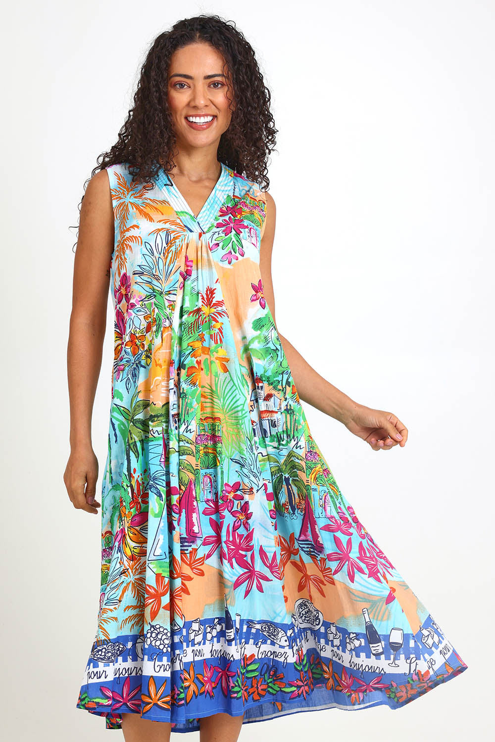 Model Pamelar wearing size 10 of the Sleeveless V Maxi Dress – Print in colour Print, from the front
