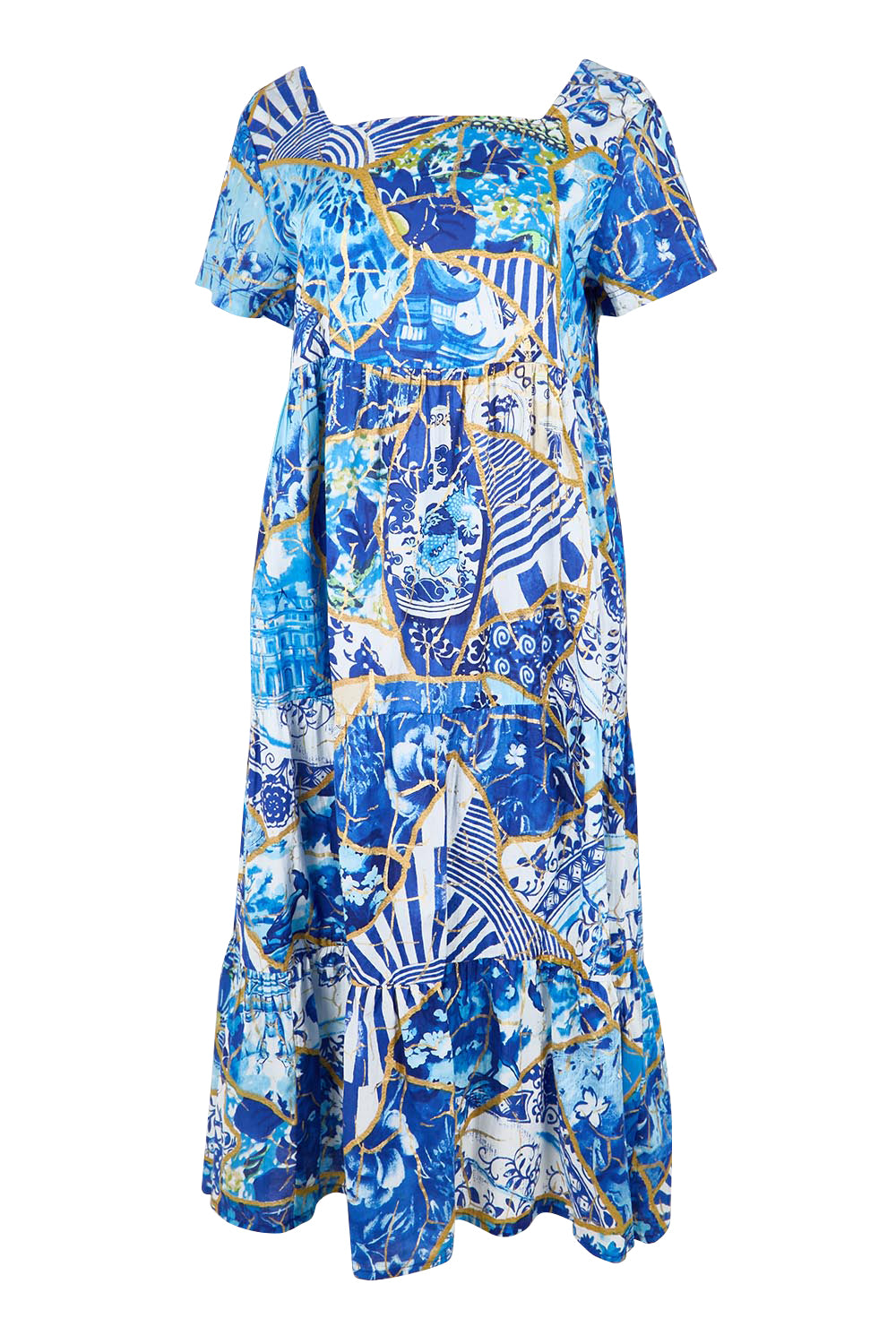 Product shot of the Square Neckline  Midi Dress – Print in colour Print, from the front