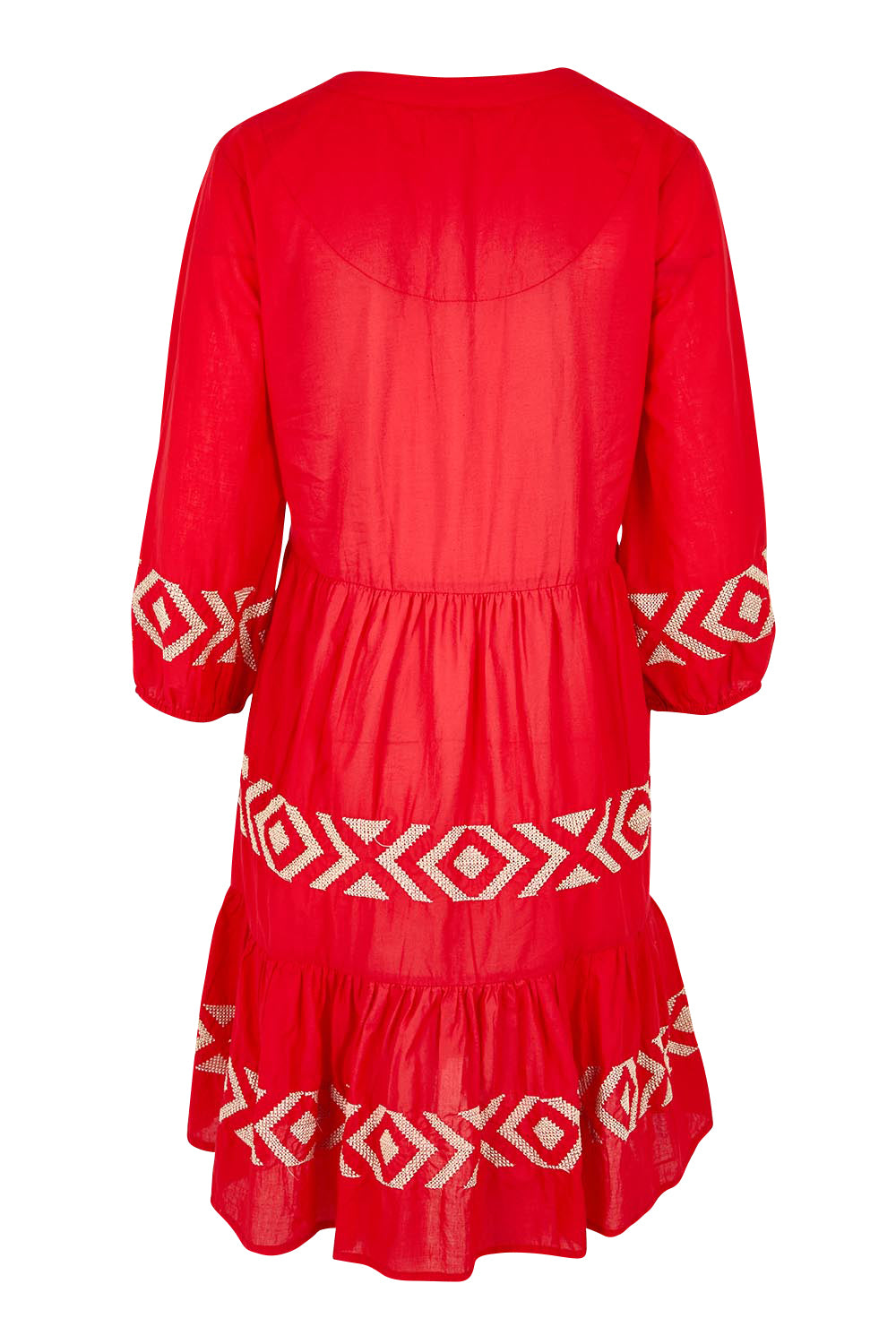 Product shot of the Essentials Embroidered Layers Cotton Dress - Red in colour Red, from the back