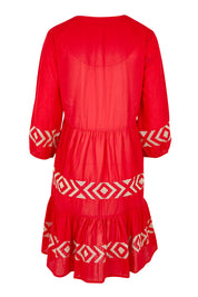 Product shot of the Essentials Embroidered Layers Cotton Dress - Red in colour Red, from the back