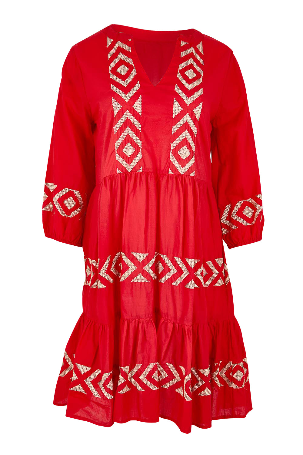 Product shot of the Essentials Embroidered Layers Cotton Dress - Red in colour Red, from the front