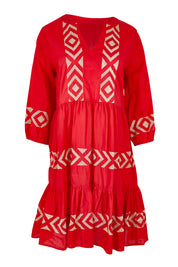 Product shot of the Essentials Embroidered Layers Cotton Dress - Red in colour Red, from the front