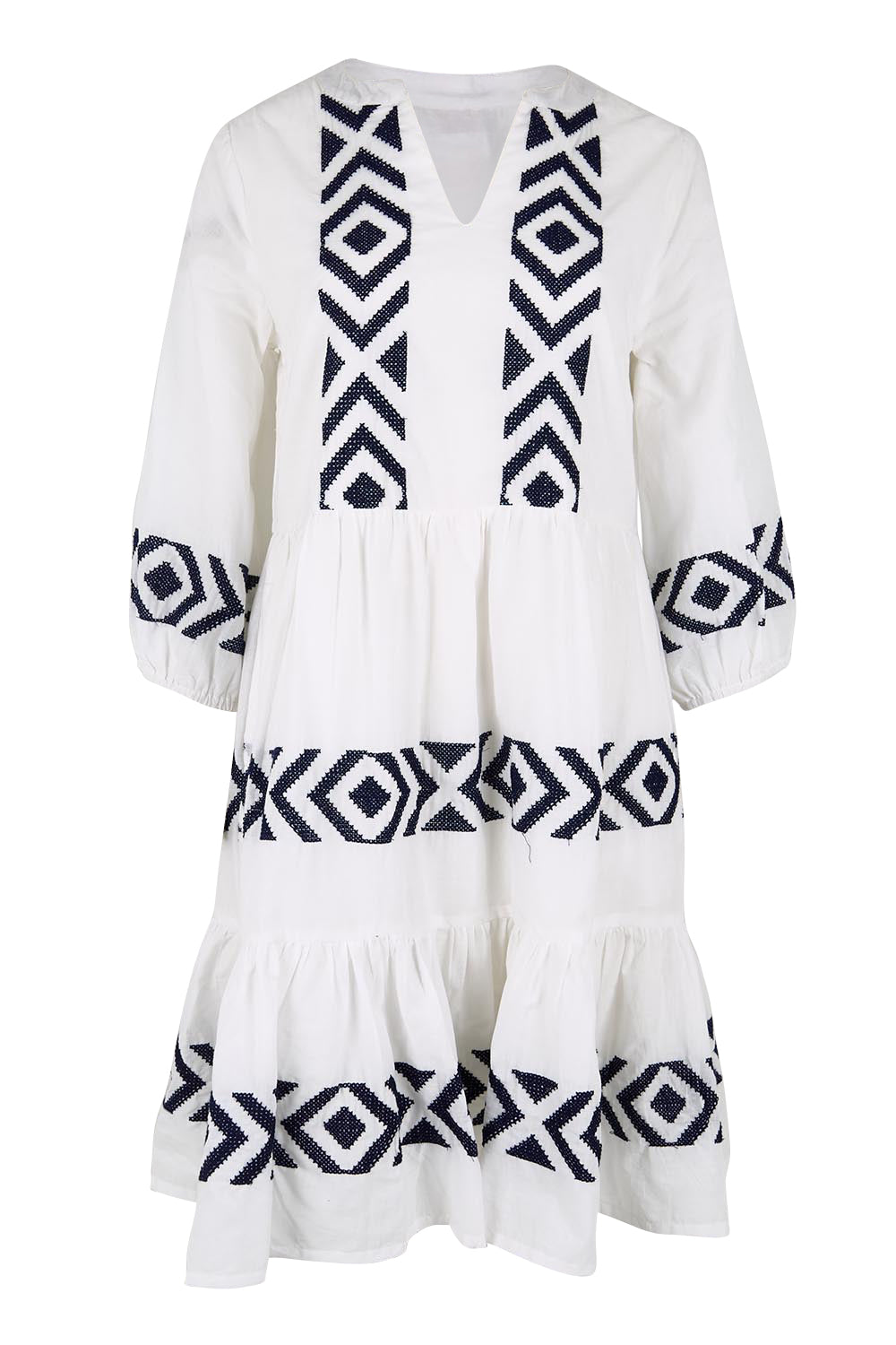 Product shot of the Essentials Embroidered Layers Cotton Dress - White in colour White, from the front