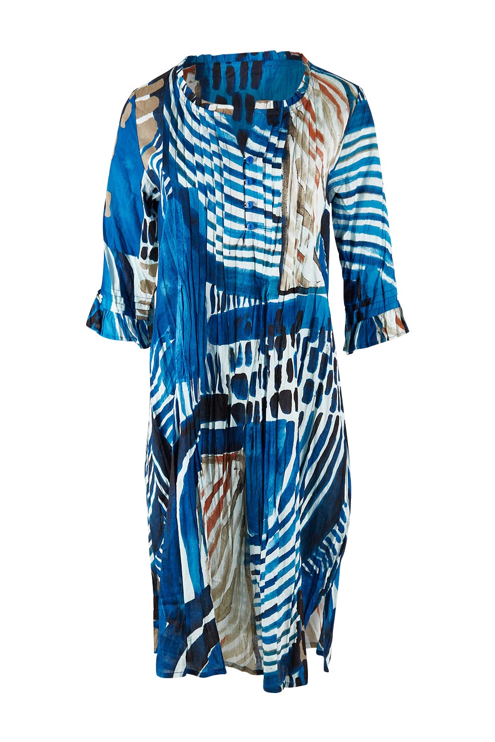 Product shot of the Alberobello Organic Cotton Dress in colour Blue (Blue), from the front