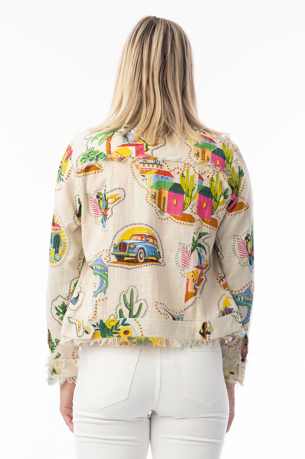A model wearing the Guatemala Cotton Jacket in colour Guatemala, from the back